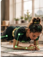 A woman doing plank at home, with illustrative green pose lines.