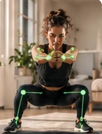 A woman doing squats at home, with illustrative green pose lines.
